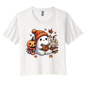 Cute Ghost Reading Book Lovers Halloween Ghost Coffee Women Women's Crop Top Tee