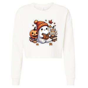 Cute Ghost Reading Book Lovers Halloween Ghost Coffee Women Cropped Pullover Crew