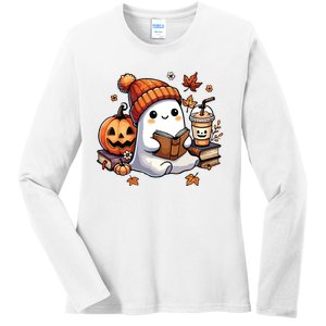 Cute Ghost Reading Book Lovers Halloween Ghost Coffee Women Ladies Long Sleeve Shirt