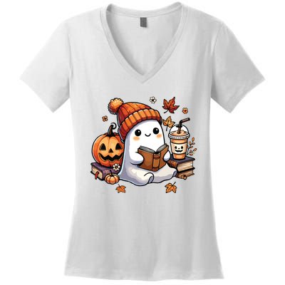 Cute Ghost Reading Book Lovers Halloween Ghost Coffee Women Women's V-Neck T-Shirt