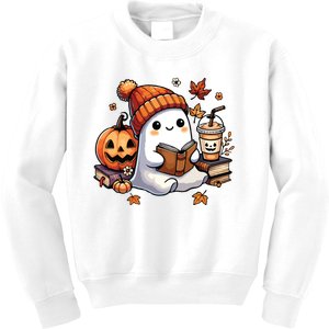 Cute Ghost Reading Book Lovers Halloween Ghost Coffee Women Kids Sweatshirt