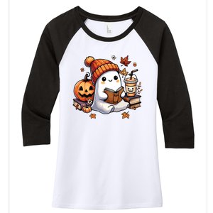 Cute Ghost Reading Book Lovers Halloween Ghost Coffee Women Women's Tri-Blend 3/4-Sleeve Raglan Shirt