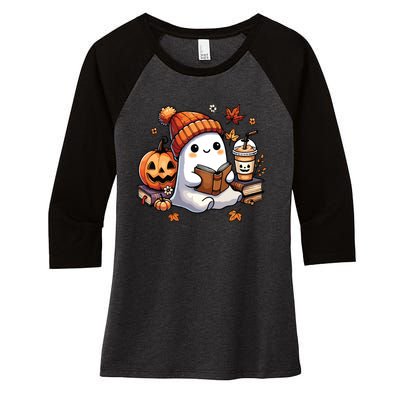 Cute Ghost Reading Book Lovers Halloween Ghost Coffee Women Women's Tri-Blend 3/4-Sleeve Raglan Shirt