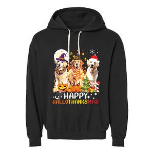 Cute Golden Retriever Happy Hallothanksmas Halloween Xmas Garment-Dyed Fleece Hoodie