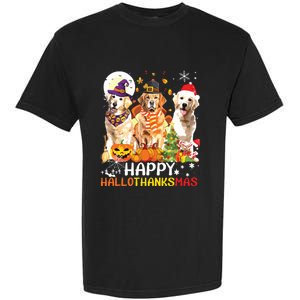 Cute Golden Retriever Happy Hallothanksmas Halloween Xmas Garment-Dyed Heavyweight T-Shirt