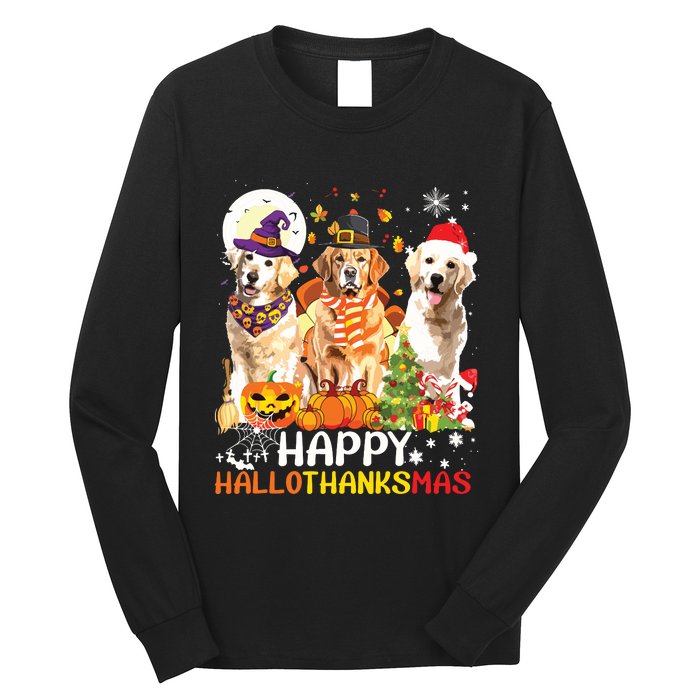 Cute Golden Retriever Happy Hallothanksmas Halloween Xmas Long Sleeve Shirt