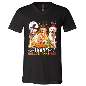 Cute Golden Retriever Happy Hallothanksmas Halloween Xmas V-Neck T-Shirt