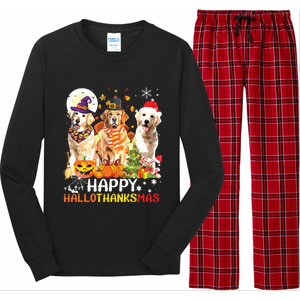 Cute Golden Retriever Happy Hallothanksmas Halloween Xmas Long Sleeve Pajama Set