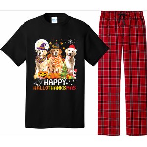 Cute Golden Retriever Happy Hallothanksmas Halloween Xmas Pajama Set