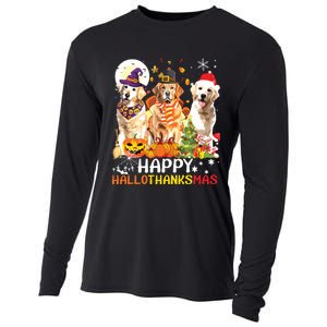 Cute Golden Retriever Happy Hallothanksmas Halloween Xmas Cooling Performance Long Sleeve Crew