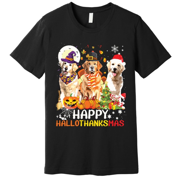 Cute Golden Retriever Happy Hallothanksmas Halloween Xmas Premium T-Shirt