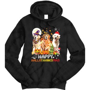 Cute Golden Retriever Happy Hallothanksmas Halloween Xmas Tie Dye Hoodie