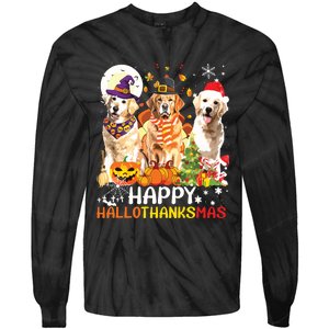 Cute Golden Retriever Happy Hallothanksmas Halloween Xmas Tie-Dye Long Sleeve Shirt