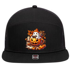 Cute Ghost Reading Book Lovers Halloween Autumn Ghost Coffee 7 Panel Mesh Trucker Snapback Hat