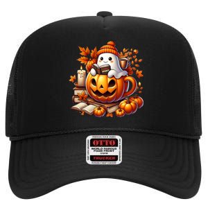 Cute Ghost Reading Book Lovers Halloween Autumn Ghost Coffee High Crown Mesh Back Trucker Hat