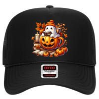 Cute Ghost Reading Book Lovers Halloween Autumn Ghost Coffee High Crown Mesh Back Trucker Hat