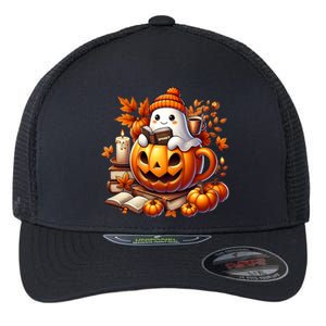 Cute Ghost Reading Book Lovers Halloween Autumn Ghost Coffee Flexfit Unipanel Trucker Cap