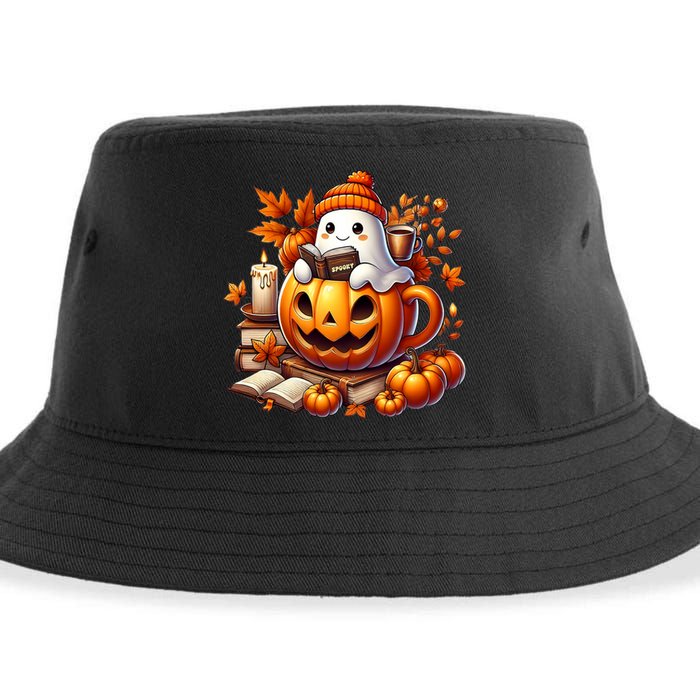 Cute Ghost Reading Book Lovers Halloween Autumn Ghost Coffee Sustainable Bucket Hat