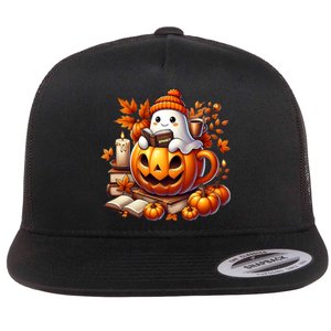 Cute Ghost Reading Book Lovers Halloween Autumn Ghost Coffee Flat Bill Trucker Hat