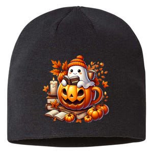 Cute Ghost Reading Book Lovers Halloween Autumn Ghost Coffee Sustainable Beanie