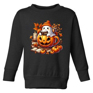 Cute Ghost Reading Book Lovers Halloween Autumn Ghost Coffee Toddler Sweatshirt