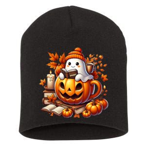 Cute Ghost Reading Book Lovers Halloween Autumn Ghost Coffee Short Acrylic Beanie