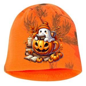 Cute Ghost Reading Book Lovers Halloween Autumn Ghost Coffee Kati - Camo Knit Beanie