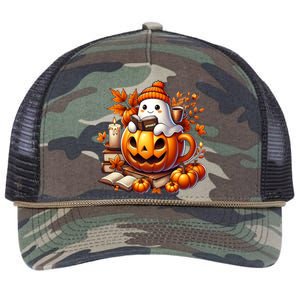 Cute Ghost Reading Book Lovers Halloween Autumn Ghost Coffee Retro Rope Trucker Hat Cap