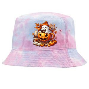 Cute Ghost Reading Book Lovers Halloween Autumn Ghost Coffee Tie-Dyed Bucket Hat