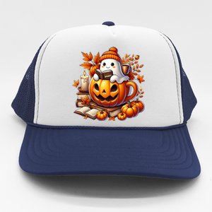 Cute Ghost Reading Book Lovers Halloween Autumn Ghost Coffee Trucker Hat