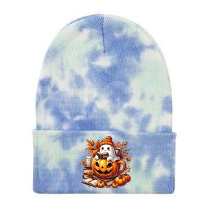 Cute Ghost Reading Book Lovers Halloween Autumn Ghost Coffee Tie Dye 12in Knit Beanie