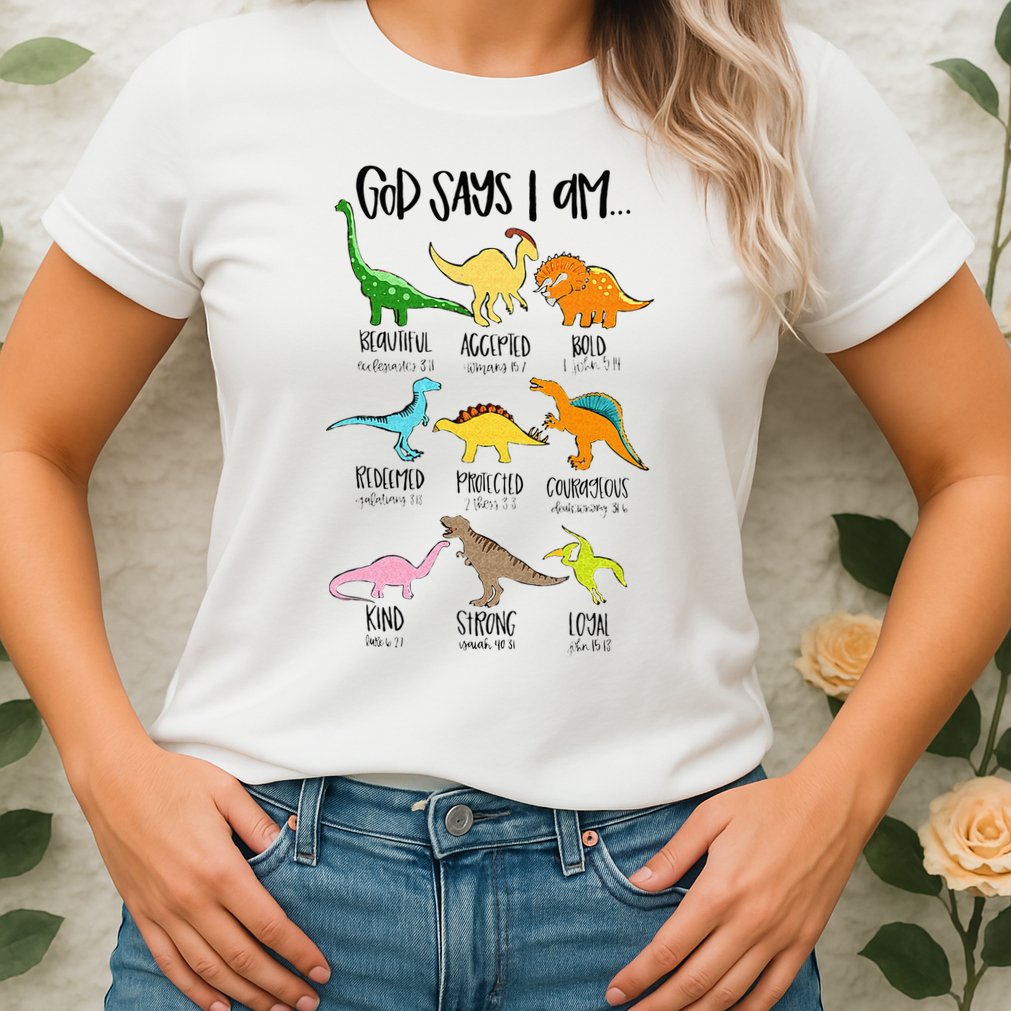 Cute God Says I Am Dinosaur Lover Funny Christian Kids Womens T-Shirt