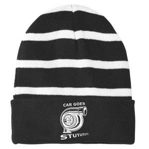 Car Goes Stutututu Car Guy Turbo Mechanic Gearhead Funny Striped Beanie with Solid Band