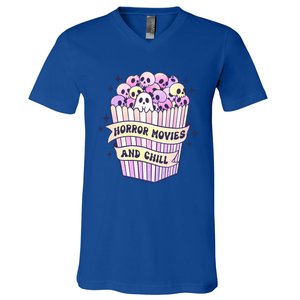 Cute Ghost Skull Popcorn Horror Movies And Chill Halloween Gift V-Neck T-Shirt