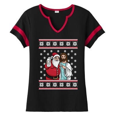 Christmas Graphic Santa And Jesus Jingle Bros Milk Food Ugly Meaningful Gift Ladies Halftime Notch Neck Tee