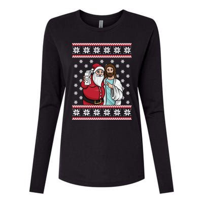 Christmas Graphic Santa And Jesus Jingle Bros Milk Food Ugly Meaningful Gift Womens Cotton Relaxed Long Sleeve T-Shirt