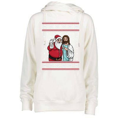 Christmas Graphic Santa And Jesus Jingle Bros Milk Food Ugly Meaningful Gift Womens Funnel Neck Pullover Hood