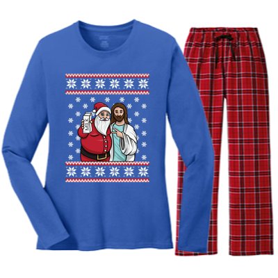 Christmas Graphic Santa And Jesus Jingle Bros Milk Food Ugly Meaningful Gift Women's Long Sleeve Flannel Pajama Set 