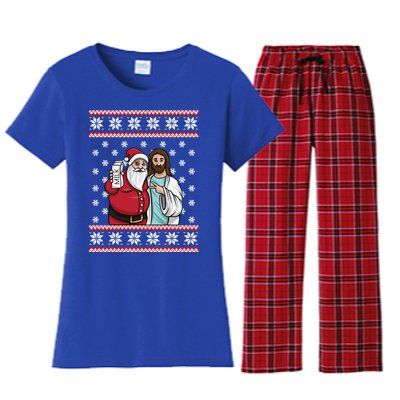 Christmas Graphic Santa And Jesus Jingle Bros Milk Food Ugly Meaningful Gift Women's Flannel Pajama Set