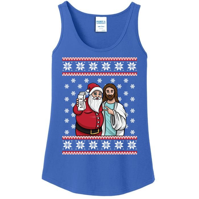 Christmas Graphic Santa And Jesus Jingle Bros Milk Food Ugly Meaningful Gift Ladies Essential Tank