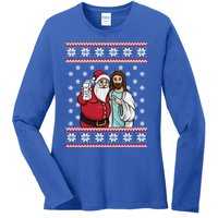 Christmas Graphic Santa And Jesus Jingle Bros Milk Food Ugly Meaningful Gift Ladies Long Sleeve Shirt