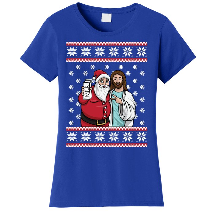 Christmas Graphic Santa And Jesus Jingle Bros Milk Food Ugly Meaningful Gift Women's T-Shirt