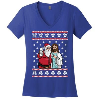 Christmas Graphic Santa And Jesus Jingle Bros Milk Food Ugly Meaningful Gift Women's V-Neck T-Shirt