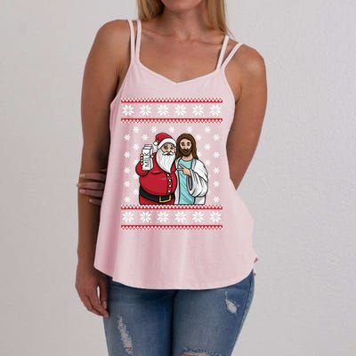 Christmas Graphic Santa And Jesus Jingle Bros Milk Food Ugly Meaningful Gift Women's Strappy Tank