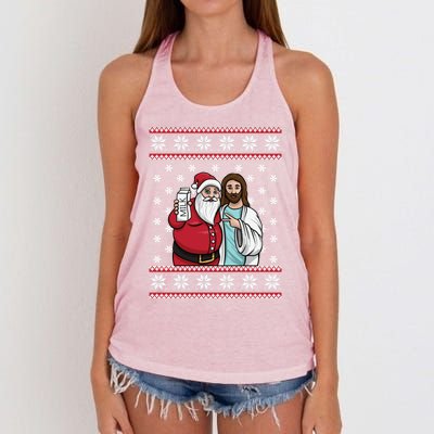 Christmas Graphic Santa And Jesus Jingle Bros Milk Food Ugly Meaningful Gift Women's Knotted Racerback Tank