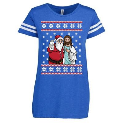 Christmas Graphic Santa And Jesus Jingle Bros Milk Food Ugly Meaningful Gift Enza Ladies Jersey Football T-Shirt