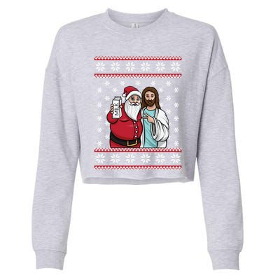 Christmas Graphic Santa And Jesus Jingle Bros Milk Food Ugly Meaningful Gift Cropped Pullover Crew