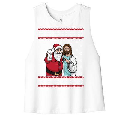 Christmas Graphic Santa And Jesus Jingle Bros Milk Food Ugly Meaningful Gift Women's Racerback Cropped Tank