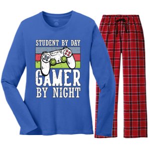 Cool Gaming Student By Day Gamer By Night Funny Quote Front Great Gift Women's Long Sleeve Flannel Pajama Set 