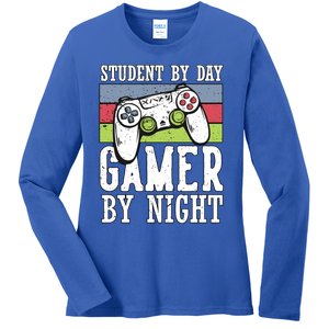 Cool Gaming Student By Day Gamer By Night Funny Quote Front Great Gift Ladies Long Sleeve Shirt